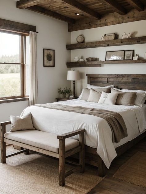 Escape the City: Rustic Country Bedroom Decorating Ideas Channel a modern farmhouse aesthetic by combining rustic elements with sleek furniture, clean lines, and minimalist decor. #RusticIdeas #RusticDesign Rustic Country Bedrooms, Rustic Farmhouse Bedroom, Timeless Bedroom, Country Style Bedroom, Cabin Bedroom, Modern Farmhouse Bedroom, Farmhouse Aesthetic, Sleek Furniture, Minimalist Bedroom Design