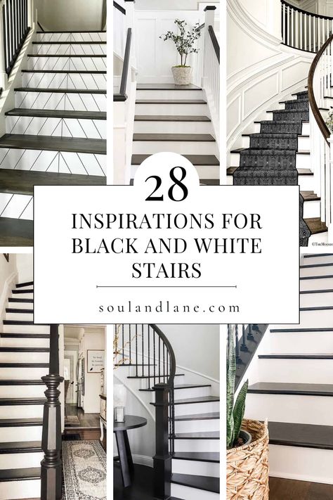 Revitalize your home with the timeless elegance of black and white staircase designs. Dive into the world of chic renovations with these stunning examples that showcase the beauty of contrast. Whether you prefer a classic monochrome look or a modern twist, these stairs offer inspiration for transforming your space into a sophisticated haven. White Stairs With Black Spindles, Painting Stairs Black And White, Black And White Tile Stairs, Black Painted Stair Treads, Black Stairs Light Floors, Stair Case Paint Ideas, Black And White Stairs Modern, Black Stain Stairs, Organic Modern Staircase