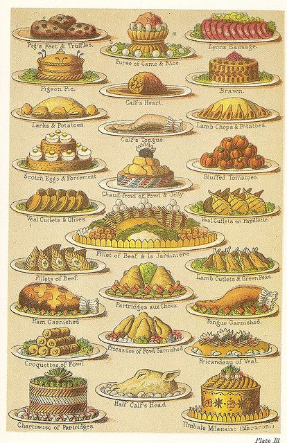 Victorian Cookbook - "Mrs Beeton's Everyday Cookery"  note: tongue garnished & half calf's head Culinary Illustration, Victorian Food, Victorian Recipes, Images Noêl Vintages, Recipe Album, Piskel Art, Victorian Life, Vintage Cooking, Vintage Food