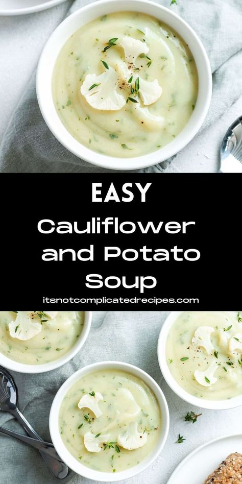 Cauliflower and Potato Soup is satisfying, smooth and creamy. Using potatoes to provide a creamy texture, this soup is extremely nutritious, vegan and quick and easy to make. Ideal for a healthy lunch or dinner, this soup will become a new family favourite. Serve with some crusty bread for a hearty and comforting meal. #cauliflowerpotatosoup #cauliflowerandpotatosoup #cauliflowersoup #vegansouprecipes #cauliflowerrecipes #cravecookconsume #itsnotcomplicatedrecipes Cauliflower And Potato Soup, Cauliflower And Potato, Cauliflower Potato Soup, Warm Soup Recipes, Complicated Recipes, Cauliflower Potatoes, Creamy Cauliflower Soup, Coconut Flour Recipes, Cauliflower Dishes