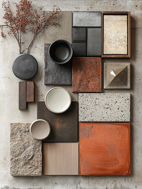 Explore a moodboard that captures the essence of an earthy tone color palette with rustic charm. Featuring warm, natural textures like wood, stone, and metal, this design incorporates diamond-shaped ceramic pieces and small cactuses for a cozy, grounded feel. The combination of rustic wood finishes and textured stone tiles creates a perfect balance for a rustic-inspired interior.

Rustic, Natural Textures, Wood, Stone, Metal, Ceramic, Cactuses, Rustic Charm, Interior Design, Sale, Product Shop Earthy Moodboard, Moody Bathroom Design, Industrial Color Palette, Stone Palette, Rustic Palette, Tone Color Palette, Rustic Color Palettes, Materials Board Interior Design, Vintage Fall Decor