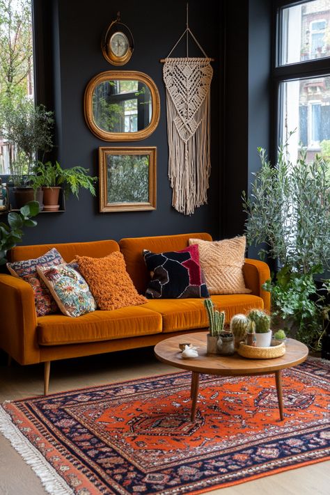 15 Dark Boho Living Room Decor Ideas to Transform Your Space – Everyday Inspo Artsy Boho Living Room, Mcm Retro Living Room, 70s Witchy Aesthetic, Black And Brown Boho Living Room, Orange Velvet Couch Living Room Ideas, Cozy Whimsical Living Room, Afroboho Living Room, Bold Boho Living Room, Moody Boho Home Decor