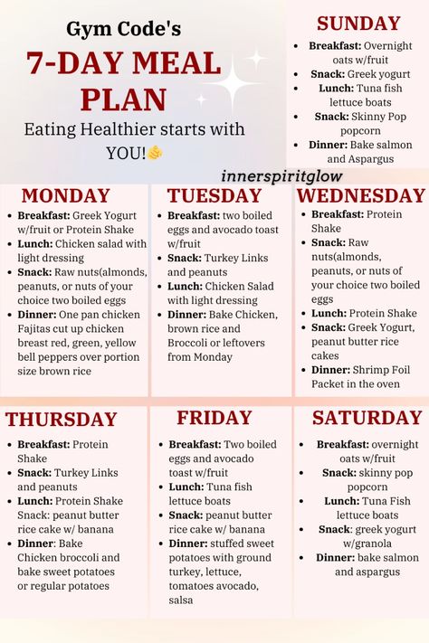 7-Day Meal Plan | healthy meal planner | Fitness & Wellness  #innerspiritglow #mealplan #mealplanideas #mealplanner #fitness #wellness Calorie Deficit Meal Plan Intermittent Fasting, Monthly Dinner Menu Ideas Meal Planning, Meal Prep For Weight Losing Women, 8 Week Challenge Meal Plan, Fitness Meal Plan Woman, Longevity Diet Meal Plan, Weekly Menu Planning Healthy, 75 Day Soft Challenge Meals, Nutrition Plan For Fat Loss