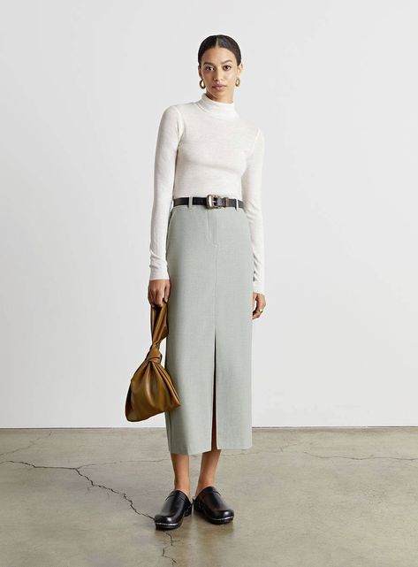 Column Skirts Are the Latest Trend to Know | Who What Wear Simple Tank Tops, Column Skirt, Skirt Denim, Skirt Trends, Denim Maxi Skirt, Latest Trend, Skirt Outfit, Satin Skirt, Matching Top