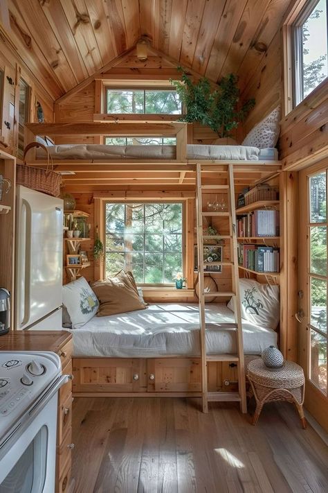 Tiny Homes Interior Loft, Tiny House With King Size Bed, Interior Tiny House Ideas, Tiny House Ideas Cheap, Mini Cabin Ideas, 2 Bedroom Tiny House, Interior Tiny House, Minimalist Tiny House, Cute Tiny House