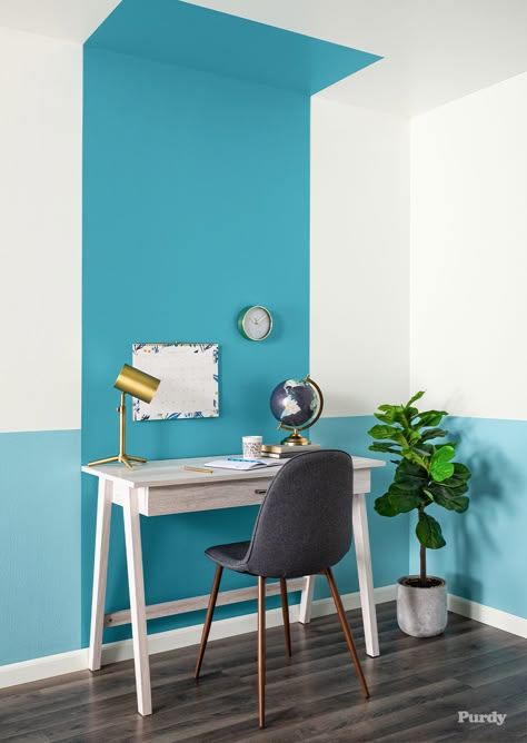 Project - Paint a Color Block Wall | Purdy Colorblocked Walls, Colour Blocking Interior, Office Wall Colors, Color Block Wall, Home Office Colors, Interior Design Color, Wall Paint Designs, Block Wall, Home Office Design