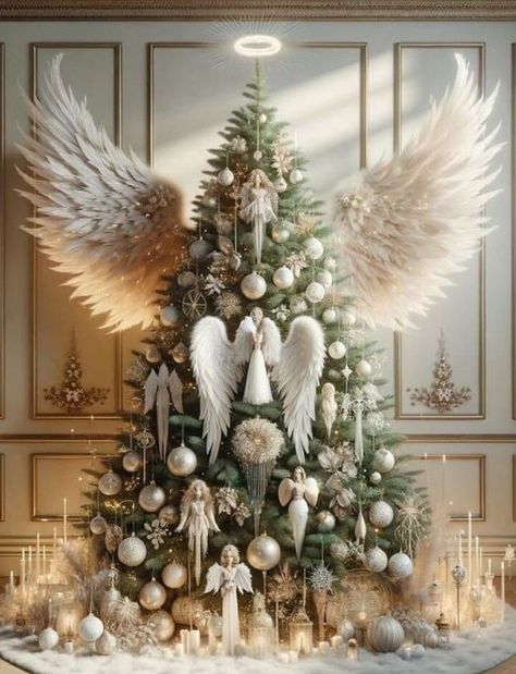 Angel Wing Christmas Tree, Angel Xmas Tree Ideas, Angels Christmas Tree, Angelic Christmas Tree, Christmas Tree Angel Theme, Angel Wings Christmas Tree, Angels Christmas Decorations, Angel Themed Christmas Trees, Native Christmas Tree