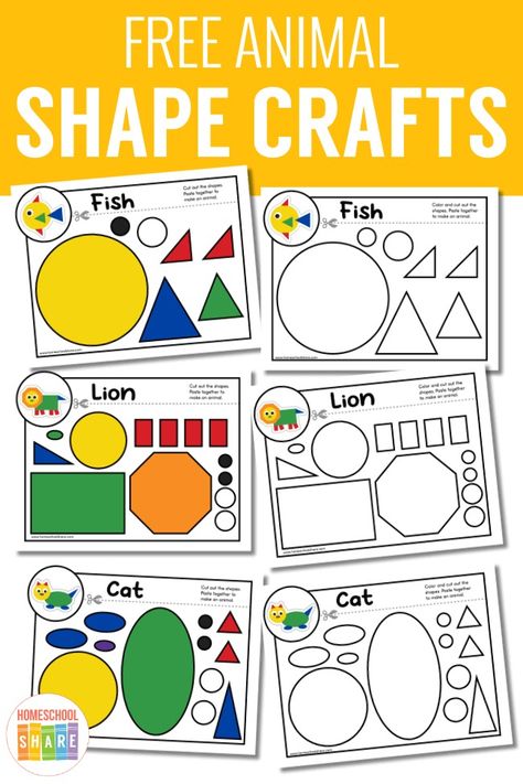 Animal Shape Crafts - Homeschool Share Shape Sheets Free Printable, Shape Art Elementary, Shape Art For Kindergarten, Shape Pictures Kindergarten, Shapes Preschool Crafts Art Projects, The Shape Of Things Book Activities, Shapes In Kindergarten, Color By Shape Preschool Free Printables, Square Art Preschool