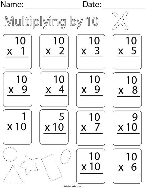 Multiplying by Ten Math Worksheet - Twisty Noodle Third Grade Math Worksheets, Multiplication Worksheet, Free Math Printables, Teaching Board, Math Fact Worksheets, Math Clipart, April Activities, Science Classroom Decorations, Free Printable Math Worksheets