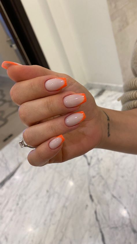 Orange tip on ballerina shaped nails - nude base - nude nails - french manicure French With Orange Tip, Coffin Orange French Tip Nails, Orange Nail Tips French Manicures, Orange Nail French, Milky Base French Nails, Ballerina Nails Orange, Minimalist Nails Orange, Nude And Orange Nail Designs, Orange Ballerina Nails