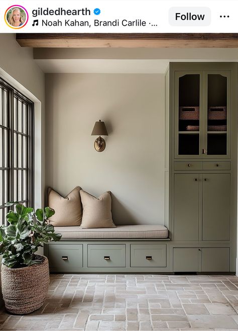 Built In Cabinet Mudroom, Arch Mudroom, Mediterranean Mud Room, Cottage Core Mudroom, Earthy Mudroom, Porch Mudroom Ideas, Sage Mudroom, Small Mudroom Built In, Small Mudroom Design