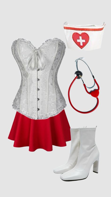 nurse halloween costume inspo Cute Nurse Costume, Nurse Halloween Costumes Women, White Corset Costume Ideas, Dead Nurse Halloween Costume, Nurse And Patient Costume Couple, Doctor And Patient Costume, Hot Nurse Halloween Costumes, Halloween Costumes With White Corset, Nurse And Doctor Costume Couple