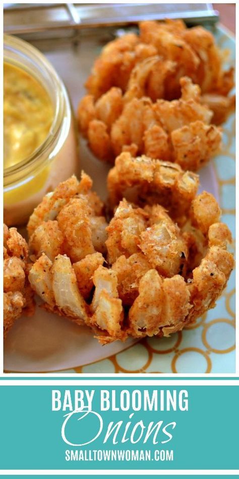 Baby Blooming Onions | Blooming Onions | Appetizer | Football Food | Fried Onions | Mini Blooming Onions | Party Food | Sweet Onion Recipe | Small Town Woman #blooming onions #appetizer #smalltownwoman via @bethpierce0151 Mini Blooming Onions, Blooming Onions, Onion Appetizers, Blooming Onion Recipes, Blooming Onion, Onion Recipes, Air Fryer Recipes Easy, Air Fryer Recipes Healthy, Football Food