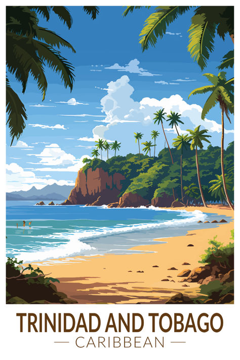 Vintage-inspired poster of Trinidad and Tobago, featuring iconic landscapes and cultural elements in a retro art style, perfect for those who love unique decor. Island Poster, Carribean Cruise, Wanderlust Decor, Landscape Painting Tutorial, City Cartoon, Caribbean Art, Caribbean Travel, Island Vibes, Dream Travel Destinations