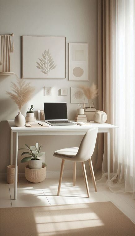 Beige Study Aesthetic, Girl Office Aesthetic, Office White Desk, Clean Girl Office, Minimal Office, Girl Office, Office Aesthetic, White Desk, Office Inspo