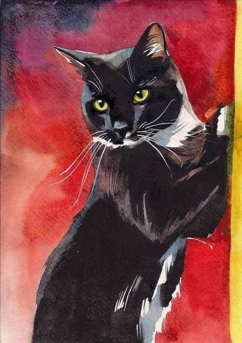 blabla — Tuxedo Cat Yuliya Podlinnova Cat Art Illustration, Black And White Cat, Art Carte, A Black Cat, Cat Artwork, Watercolor Cat, Tuxedo Cat, White Cats, Cats Illustration