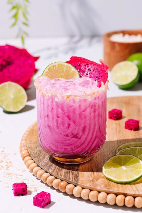 Creamy Dragon Fruit Margarita - The Social Sipper Blended Cocktail Recipes, Berry Margarita, Purple Recipes, Best Mocktails, Fruit Margarita, Red Dragon Fruit, Blended Cocktail, Recipe Builder, 4 Ingredient Recipes