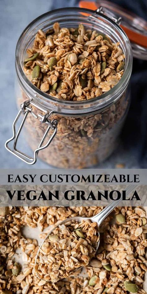 Vegan granola - this easy granola recipe can be customized to suit you! You can add nuts, seeds, dried fruit, spices, chocolate chips, coconut flakes etc etc. Use this base recipe as a blueprint to create all sorts of flavour combinations! #breakfast #brunch #plantbased #veganbreakfast Muesli Homemade, Muesli Bowl, Vegan Granola Recipe, Homemade Cereal, Smoothies Vegan, Granola Recipe Healthy, Vegan Granola, Granola Recipe Homemade, Wedding Brunch