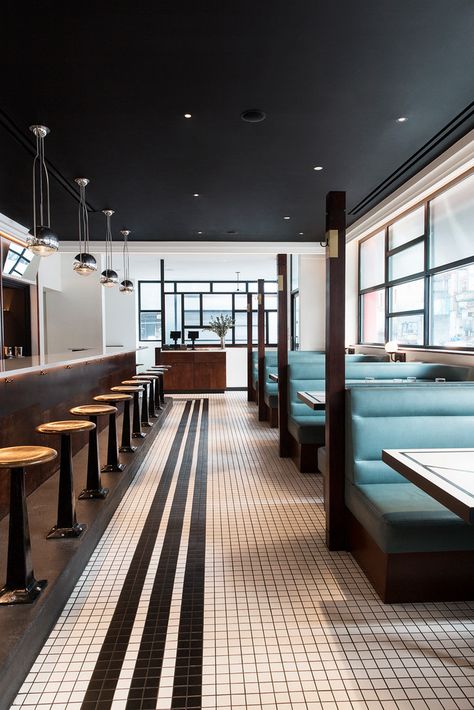 Inside Nickel & Diner, a New Modern Diner in NYC | Domino Booth Seating Design, Diner Nyc, Restaurant Booth Seating, Classic American Diner, Bar Restaurant Design, Diner Aesthetic, Restaurant Booth, Diner Restaurant, Lake House Interior