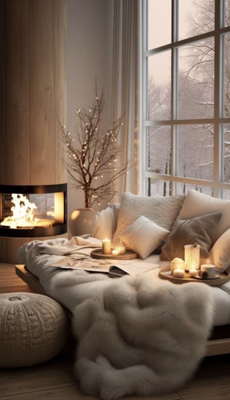 Fireplace Cushion, Candles Black, Sofa Cream, Winter Living Room, Black Fireplace, Grey Cushion, Cream Cushions, Cream Sofa, House Aesthetic