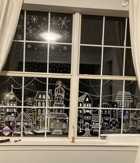 Christmas Window Houses, Christmas Chalk Window Designs, Christmas Window Home, Window Chalk Ideas, Christmas Windows Drawings, Christmas Village Window Painting, Christmas Window Chalk Pen, Christmas Window Displays Retail Store Fronts, Window Christmas Drawing