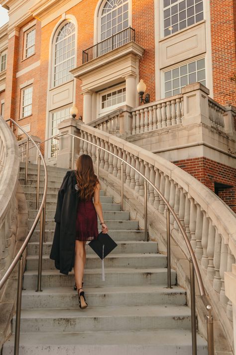 Walking up the stairs for graduation photos. Graduation announcement photos. Cap and gown. From the back photography. Poses for graduation pictures. Graduation Ceremony Aesthetic, Photo Poses For Graduation, Stairs Graduation Pictures, Faceless Graduation Photos, Graduate School Graduation, Graduation Pics High School, Graduation Photos Inspiration, Highschool Graduation Pictures Aesthetic, Real Estate Graduation Pictures