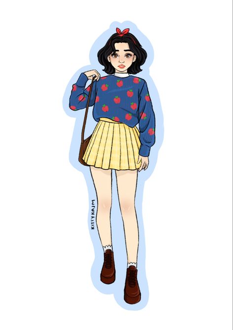 Bow headband, Snow White, Disney, yellow check skirt, apple sweater, short fluffy hair Disney Bounding Snow White, Modern Snow White Outfit, Modern Day Snow White, Modern Snow White, Disneyland Fits, Bounding Outfits, Snow White Cartoon, Snow White Outfits, Snow White Apple