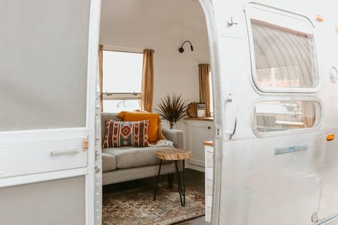 200-Square-Foot Retro-Inspired Airstream Home Tour | Apartment Therapy Caravan Living, Airstream Living, Airstream Bambi, Airstream Remodel, Chuck Box, Airstream Interior, Airstream Renovation, Camping Trailers, Vintage Airstream