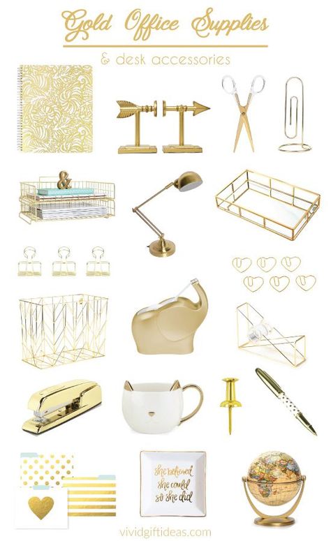 Gold office decor ideas. Accessorize with gold office supplies and gold desk accessories. Gold Office Supplies, Gold Desk Accessories, Gold Office Decor, Work Desk Decor, Chic Office Decor, Bureau Decor, Office Supplies Desk Accessories, Gold Office, Gold Desk