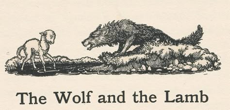 Nora Fry illus - Aesops fables 1927 - via janwillemsen, first published in 1921 Wolf And Lamb Aesthetic, The Wolf And The Lamb, Canine Poetry, Sacrificial Lamb, Ethel Cain, Dog Motif, Aesops Fables, Poetic Justice, The Lamb