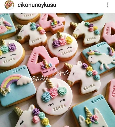 Unicorn Cookies Fondant, Unicorn Biscuits, Kids Birthday Cake Ideas, Rainbow Unicorn Birthday Party, Cake And Sweets, Kids Birthday Cake, Unicorn Themed Birthday Party, Unicorn Cookies, Iced Biscuits