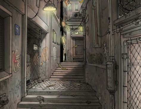 alleyway Alley Drawing Design Reference, Cyberpunk Alley Concept Art, One Point Perspective Alleyway, Urban Fantasy Art Cityscapes, Alley Drawing Reference, Alley Way Background, Alleyway Drawing, Cyberpunk Alleyway, Alley Illustration