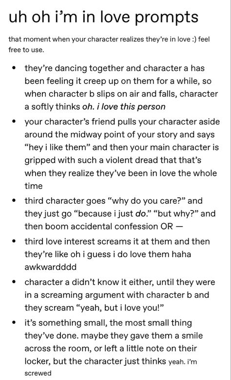 Dating A Bookworm, One Sided Pining Prompts, Romance Tropes Ideas, Writing Prompts Conflict, Prompts For Couples Who Aren't Together Yet, Character Scenarios Drawing, How To Write Love At First Sight, Story Prompts Romance Enemies To Lovers, Story Plot Twist Ideas Romance