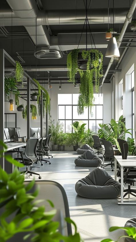 Green Office Space: A modern office space filled with green plants, creating a tranquil and productive workspace environment. #office #plants #modern #greenery #workspace #contemporary #natural light #tranquil #aiart #aiphoto #stockcake https://ayr.app/l/smem Green Coworking Space, Modern Workspace Office, Industrial Workspace Design, Cowork Space Design, Green Office Interior Design, Office With Plants Interiors, Company Design Office, Workspace Ideas Office, Industrial Office Space Design