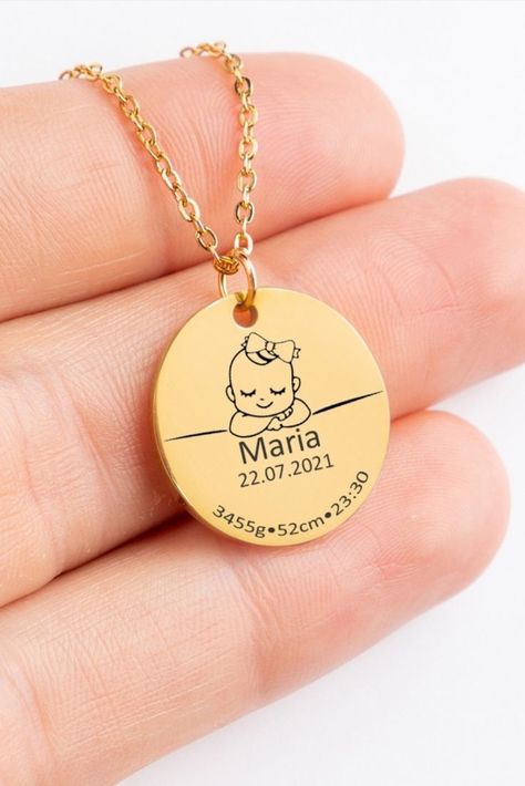 The Engraved Baby Birth Necklace is more than just a piece of jewelry; it is a heartfelt memento that allows you to eternalize the special moment of your baby's birth. This personalized necklace can be customized with the name, birth date, and birth details of your newborn or firstborn child. Made with high-quality stainless steel, this necklace is designed to last and keep your precious memories close to your heart. Baby Necklace, Detailed Necklace, Birth Details, Kids Necklace, Pure Joy, Baby Birth, Necklace Size, New Mothers, Engraved Necklace