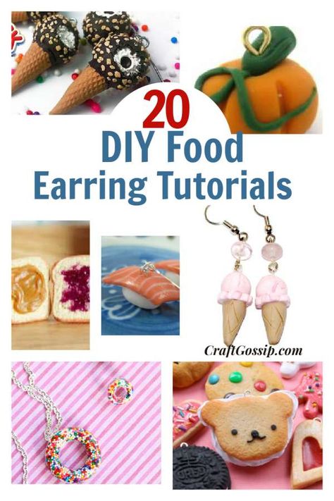 20 Fun DIY Food Shaped Earrings Clay Food Earrings Tutorial, Diy Polymer Clay Miniatures, How To Make Clay Earrings Diy, Polymer Food Earrings, Make Polymer Clay Earrings, How To Make Earrings With Clay, Polymer Clay Food Tutorials, Easy Clay Earrings Diy, Diy Clay Earrings Tutorials