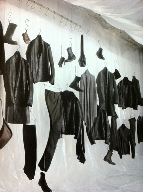 recognize the clothes & shoes as MA+ but not sure where this installation was photographed (no source online) Clothes Hanging Aesthetic, Clothing Installation, Hanged Clothes, Floating Clothes, Mm Paris, Fashion Installation, Clothes Hanging, Anti Fashion, Hanging Clothes