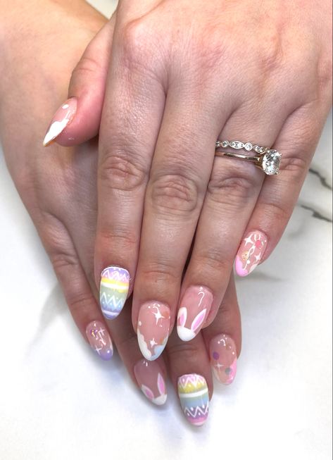 Easter Themed Nails Design, Easter Asthetic Nails, Easter Biab Nails, Easter Nail Inspo 2024, Easter Nail Designs French Tips Pastel Colors, Easter Nail Designs Bunny, Easter Bunny Nails, Easter Nails Acrylic, Easter Themed Nails