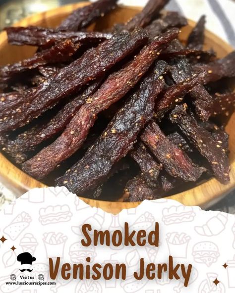 Smoked Venison Jerky Recipe - Luscious Recipes How To Make Venison Jerky, Teriyaki Deer Jerky Recipe, Bear Jerky Recipe, Venison Jerky Marinade Recipes, Savory Stuffing Recipes, Jerky Marinade Recipes, Deer Jerky Recipe, Venison Jerky Recipe, Jerkey Recipes