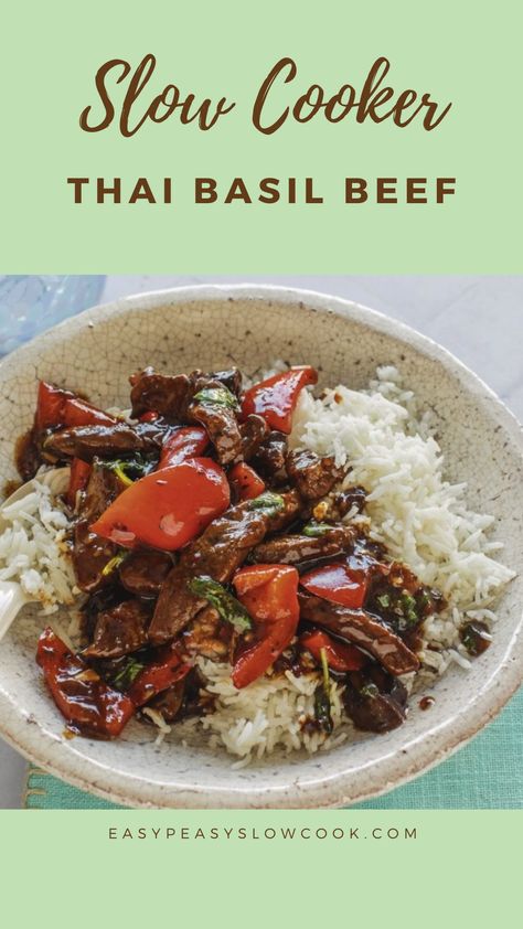 Slow Cooker Thai Basil Beef Thai Basil Recipes, Basil Beef, Slow Cooker Thai, Thai Basil Beef, Beef Steaks, Thai Beef, Asian Beef, Basil Recipes, Slow Cooker Dinner