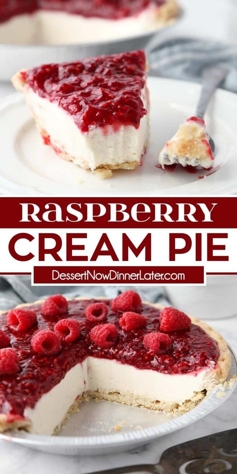 Raspberry Cream Pie has layers of whipped cream cheese filling and a jammy raspberry topping inside of a flaky pastry crust. It’s not too sweet, not too tart, and can be made year round with fresh or frozen raspberries. Raspberry Pie Filling Recipes, Raspberry Cream Pie, Pie Filling Desserts, Raspberry Topping, Raspberry Pie Recipe, Cream Cheese Pie Recipes, Raspberry Cream Pies, Cheesecake Pie Recipes, Raspberry Pie Filling