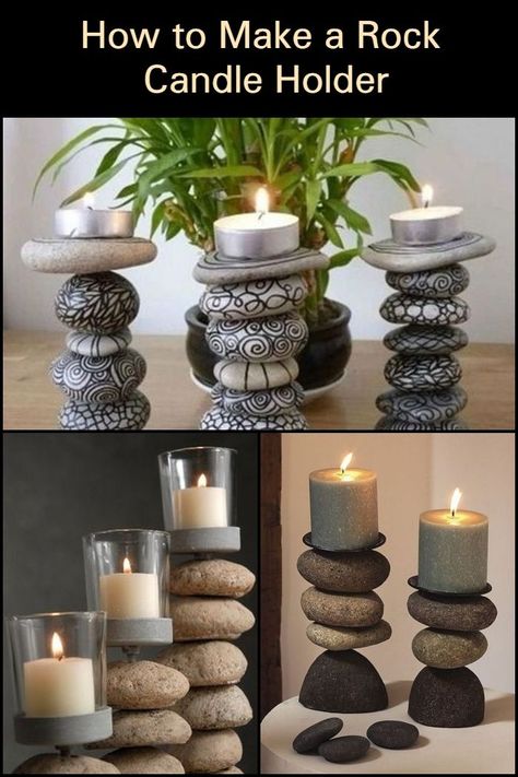 River Rock Diy Projects, Pebble Candle Holder, Rock Decor Home, Rock Centerpieces, Things To Do With Rocks, Candle Holder Ideas, Rock Home Decor, Homemade Candle Holders, Rock Candle Holder