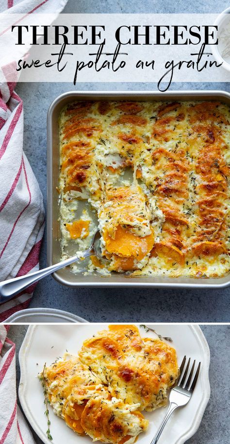 Potato And Sweet Potato Gratin, Sweet Potato And Potato Gratin, Sweet Potato Au Gratin Thanksgiving, Au Gratin Sweet Potatoes, Sweet Potato With Goat Cheese, Cheesy Sweet Potato Recipes, Sweet Potatoes Au Gratin, Sweet Potato Au Gratin Recipes, Sweet Potato Gratin Recipes