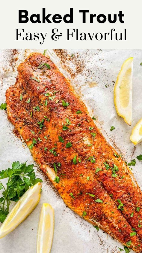 This easy oven-baked trout recipe is so easy to pull together and results in the tastiest fish! Trout Oven Recipe, Bake Trout In Oven, Broiled Trout Recipes, Easy Trout Recipes Baked, Oven Trout Recipes, Trout Recipes Baked With Skin, Oven Roasted Trout, How To Bake Trout In The Oven, How To Cook Steelhead Trout