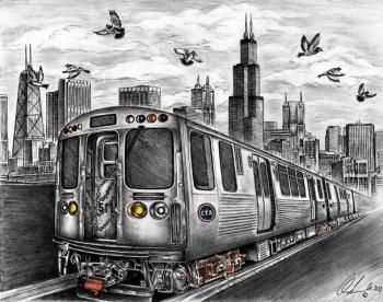 Pencil Drawing- Chicago commuter train and skyline. Description from etsy.com. I searched for this on bing.com/images Chicago Skyline Drawing, Chicago Skyline Tattoo, Philly Tattoo, Chicago El Train, Train Sketch, Train Tattoo, Train Artwork, Chicago Painting, Skyline Tattoo