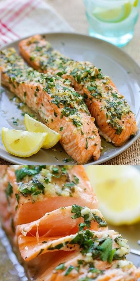 Salmon With Fresh Herbs, Salmon Herb Recipes, Salmon With Herbs, Lemon Salmon Marinade, Lemon And Herb Salmon, Herbed Salmon Recipes, Salmon And Scallops Recipe, Herb Butter Salmon, Salmon And Scallops