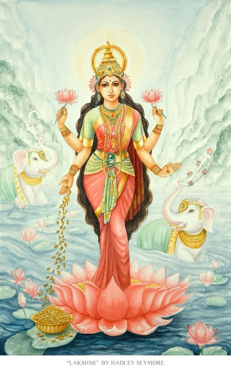 "Lakshmi" by Hadley Seymore - Watercolor painting on paper. Lakshmi is the Hindu goddess of wealth, beauty, joy, love, good luck, prosperity and fertility. She is depicted here with her traditional symbols, offering abundance to all. She is the feminine force which manifests our positive desires into reality. Prints available in 2 sizes. This is a wonderful image to elevate a personal sacred space, such as a shrine, altar or meditation table. Goddess Lakshmi Painting Art, Maa Lakshmi Painting, Lakshmi Worship, Goddess Lakshmi Painting, Lakshmi Symbol, Lakshmi Aesthetic, Goddess Lakshmi Images, Lakshmi Drawing, Lakshmi Devi Images