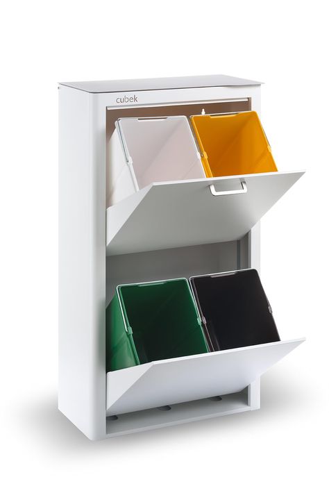 PRICES MAY VARY. Kitchen recycle bin CUBEK: RECYCLING AT HOME. Ideal for the kitchen, breakroom, or restroom. Four buckets of different colors to facilitate the separation of waste. Buckets have handles and are removable for easy classification and cleaning. Its hinged opening system allows you to open all compartments at the same time so you can choose the right compartment at a glance and not have to bend down to open the bottom one. Two additional holders are located at the top of the cabinet Cabinet Trash Can, Cabinet Trash, Garbage Can Storage, Recycling Storage, Trash Can Cabinet, Recycling Station, Recycling Sorting, Plastic Buckets, Kitchen Trash Cans