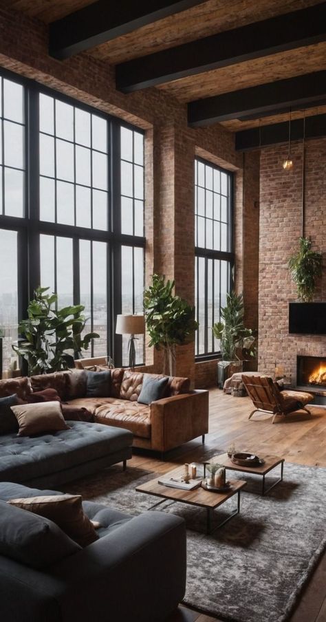 Room With Loft Ideas, Natural Industrial Decor, Brick Loft Apartment Aesthetic, Industrial Appartement Loft, Urban Style Interior Design, Warehouse Apartment Industrial, Living Estilo Industrial, Loft Interior Living Room, Rustic Living Room Inspiration