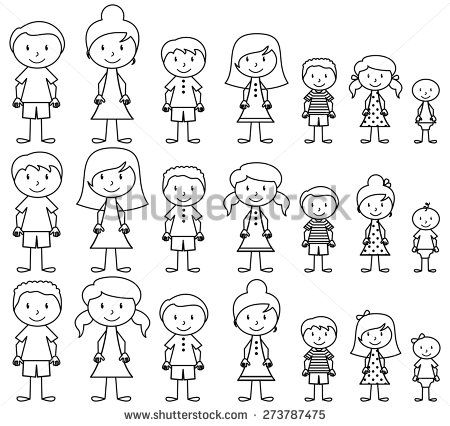 Set of Cute and Diverse Stick People in Vector Format, strokes expanded but image not flattened so different aspects of each person can be easily altered - stock vector Doodle People, Stick People, Stick Family, Stick Figure Family, Idee Cricut, Stick Figure Drawing, Family Drawing, Sketch Notes, Stick Figure